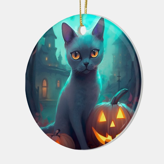 Ornamento De Cerâmica Gato Azul Russo Halloween Com Pumpkins Assustado (Esquerda)