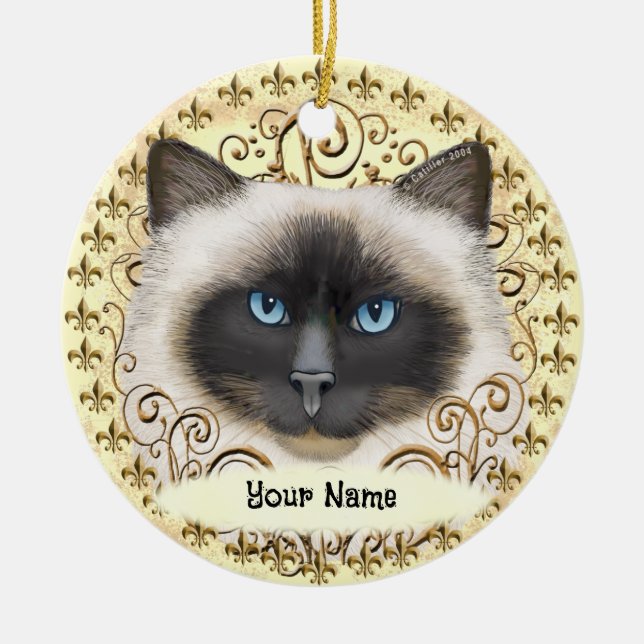 Ornamento De Cerâmica Gato Birmanês Fleur De Lis  (Frente)