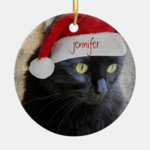 Ornamento De Cerâmica Gato bonito do Xmas, parte traseira verde, nome