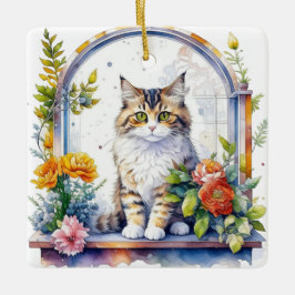 Ornamento De Cerâmica Gato Bonito na Janela Flores Personalizadas
