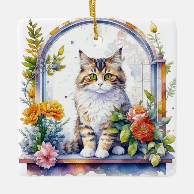 Ornamento De Cerâmica Gato Bonito na Janela Flores Personalizadas (Frente)
