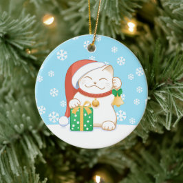 Ornamento De Cerâmica Gato Branco de Natal num Chapéu Vermelho