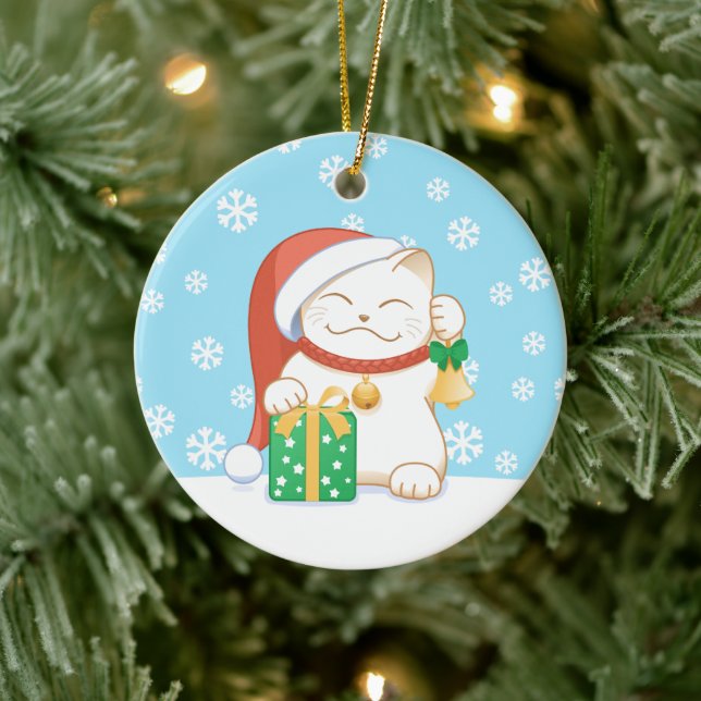 Ornamento De Cerâmica Gato Branco de Natal num Chapéu Vermelho (Árvore)