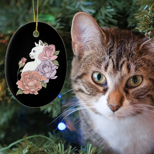 Ornamento De Cerâmica Gato Branco Floral Pastel Botânico Romântico Preto