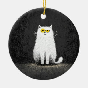 Ornamento De Cerâmica Gato Branco Mal-humorado – Divertida Arte Minimali