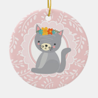 Ornamento De Cerâmica Gato Branco Rosa-Rosa Gato-de-Cinza-branca