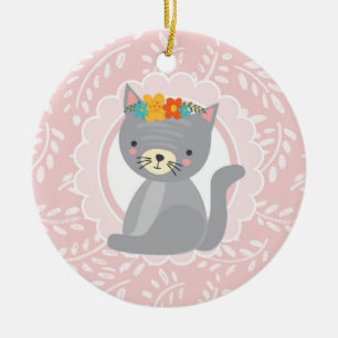 Ornamento De Cerâmica Gato Branco Rosa Rosa Gato de Cinzas Gatinhas