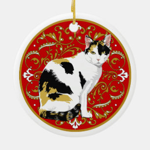 Ornamento De Cerâmica Gato Calico Barroco