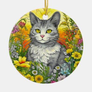 Ornamento De Cerâmica Gato Caprichoso e Flores
