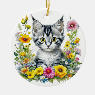 Ornamento De Cerâmica Gato Caprichoso e Flores Personalizado de Natal