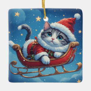 Ornamento De Cerâmica Gato cinza e branco relaxando no trenó de Natal