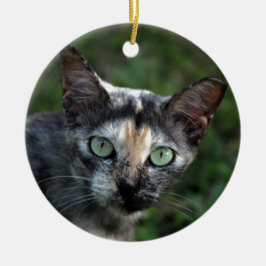 Ornamento De Cerâmica Gato Cinza Marrom Branco com Olhos Verdes