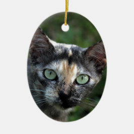 Ornamento De Cerâmica Gato Cinza Marrom Branco com Olhos Verdes