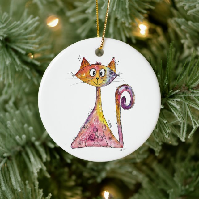 Ornamento De Cerâmica Gato Cinzento, Rosa, Branco (Árvore)