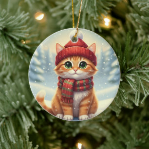 Ornamento De Cerâmica Gato com Cachecol de Inverno Gato de Natal com Cac