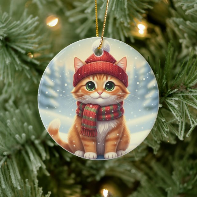 Ornamento De Cerâmica Gato com Cachecol de Inverno Gato de Natal com Cac (Árvore)