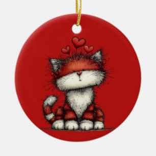 Ornamento De Cerâmica Gato com Corações Vermelhos Fofo e Divertido