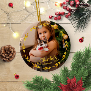 Ornamento De Cerâmica Gato com Coroa de Ouro Primeiro Natal Foto Simples