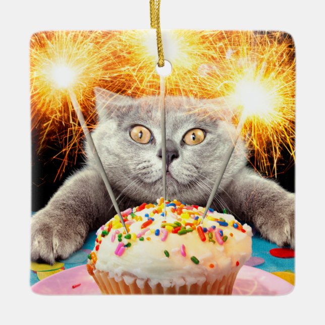 Ornamento De Cerâmica Gato com Cupcake Sparkler (Frente)