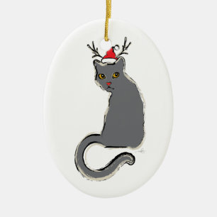 Ornamento De Cerâmica Gato com o nariz vermelho do papai noel do Natal