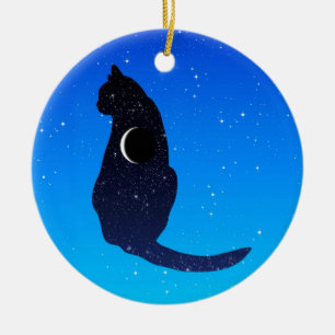 Ornamento De Cerâmica Gato Cósmico num Fundo do Céu Estrelado