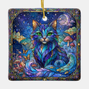 Ornamento De Cerâmica Gato Cósmico Vidro Pintado Surrealista Olhos Azuis