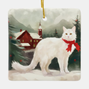 Ornamento De Cerâmica Gato de Angora Turco no Natal da Neve