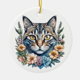 Ornamento De Cerâmica Gato de Aquarela Cuta com Flores de Natal