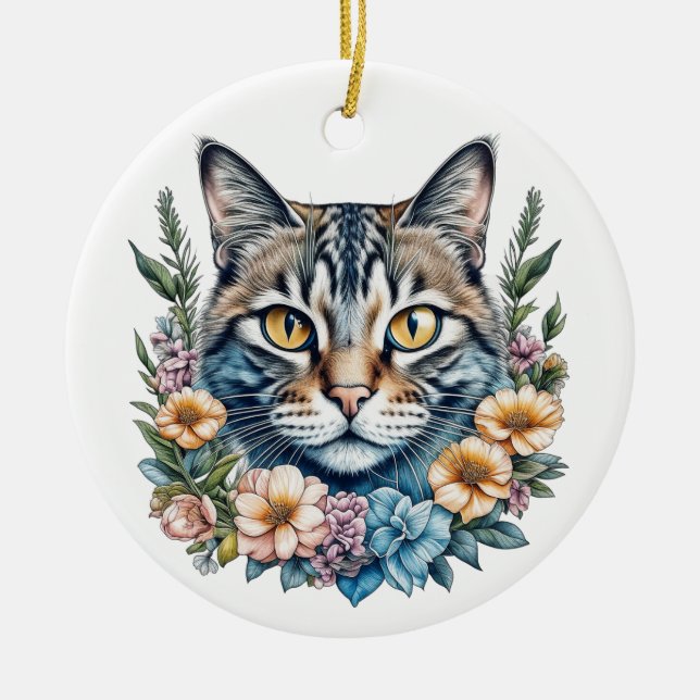 Ornamento De Cerâmica Gato de Aquarela Cuta com Flores de Natal (Frente)
