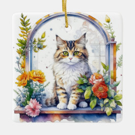 Ornamento De Cerâmica Gato de Aquarela em Janela Floral Personalizado