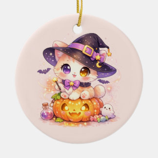 Ornamento De Cerâmica Gato de Bruxa Kawaii & Abóbora Halloween Pastel 