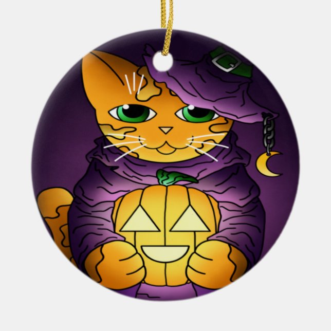 Ornamento De Cerâmica Gato de Bruxas de Halloween Roxo (Frente)