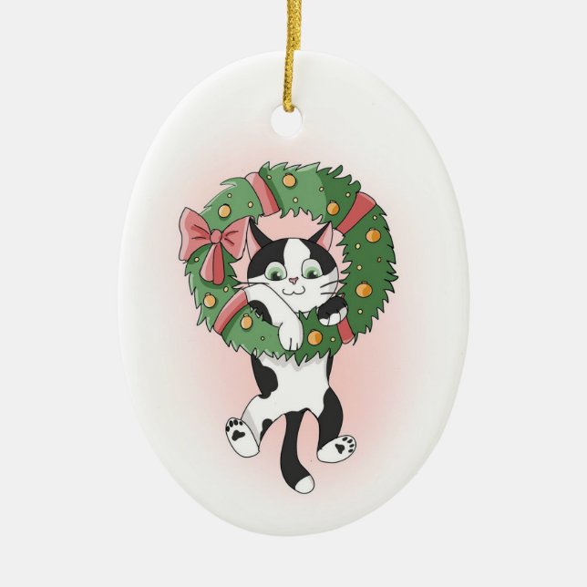 Ornamento De Cerâmica Gato de Cartoon Perigoso da Festa de Natal (Frente)