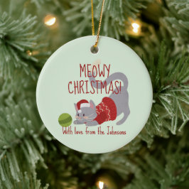 Ornamento De Cerâmica Gato de Cinza bonito com chapéu de Natal