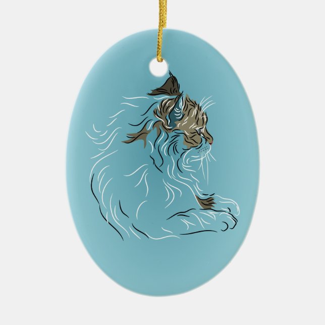 Ornamento De Cerâmica Gato de Cinza Fluffy com fundo azul (Frente)