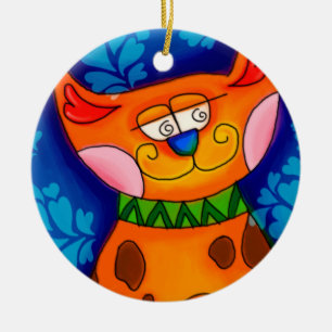 Ornamento De Cerâmica Gato de Comprimido Laranja Sorridente