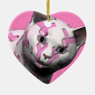 Ornamento De Cerâmica Gato de Fita Rosa