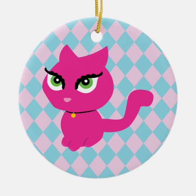 Ornamento De Cerâmica Gato de Gatinho Rosa (Frente)