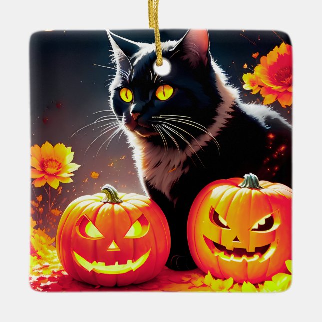 Ornamento De Cerâmica Gato de Magia Negra com Pumpkins (Frente)