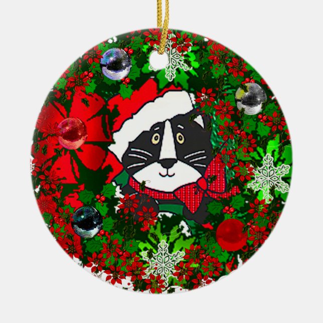 Ornamento De Cerâmica Gato de Natal (Frente)