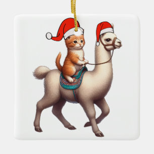 Ornamento De Cerâmica Gato de Natal Andando Llama, Xmas Llama e Kitten