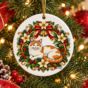 Ornamento De Cerâmica Gato de Natal Art Nouveau com Coroa de Azevinho