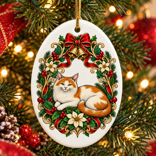 Ornamento De Cerâmica Gato de Natal Art Nouveau com Grinalda de Azevinho