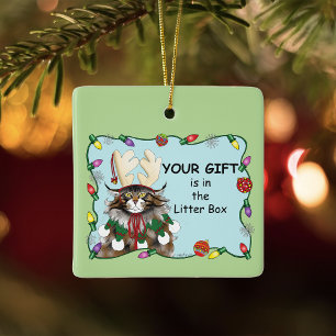 Ornamento De Cerâmica Gato de Natal Atrevido Humor Maine Coon Verde Engr