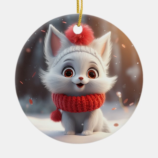 Ornamento De Cerâmica Gato de Natal bonito (Frente)