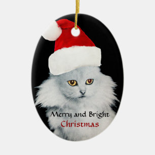 ORNAMENTO DE CERÂMICA GATO DE NATAL BRANCO PRETO COM CHAPÉU SANTA CLAUS