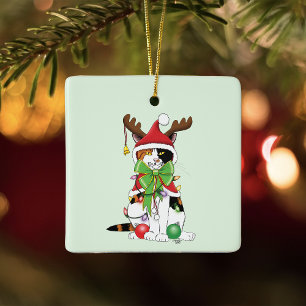 Ornamento De Cerâmica Gato de Natal Calico Verde Festivo e Divertido
