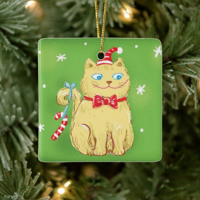 Ornamento De Cerâmica Gato de Natal de Desenho Animado Fofo com Chapéu d (Árvore)