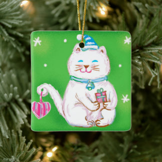 Ornamento De Cerâmica Gato de Natal de desenho animado fofo vestindo um 