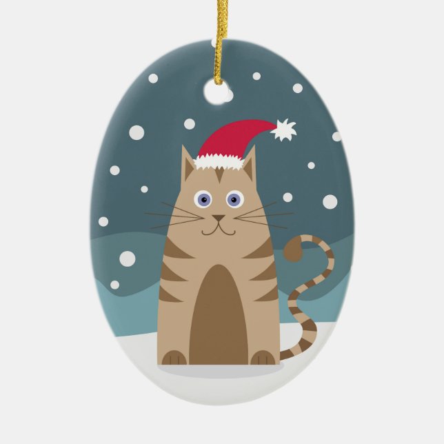 Ornamento De Cerâmica Gato de Natal em flocos de neve... (Frente)